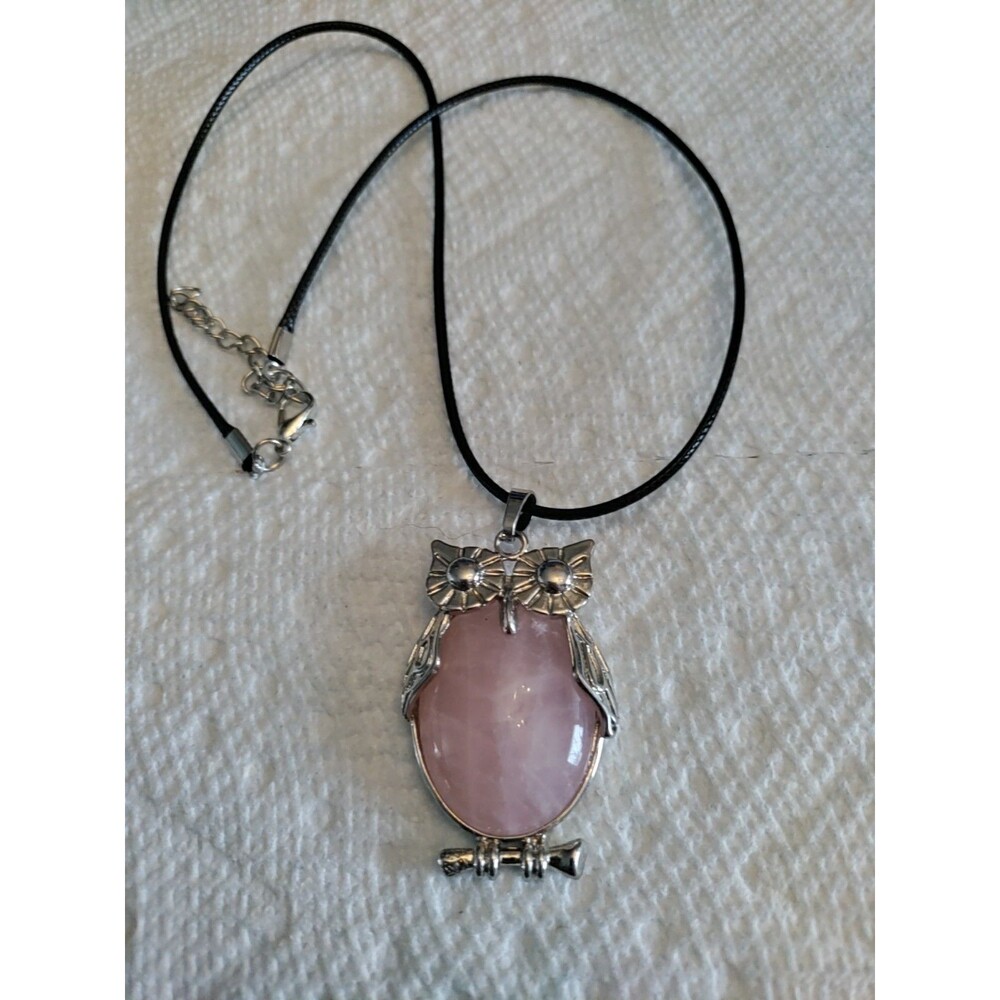 Silver Tone Rose Quartz Owl Pendant With 18" Cord Necklace 1.75" Pendant